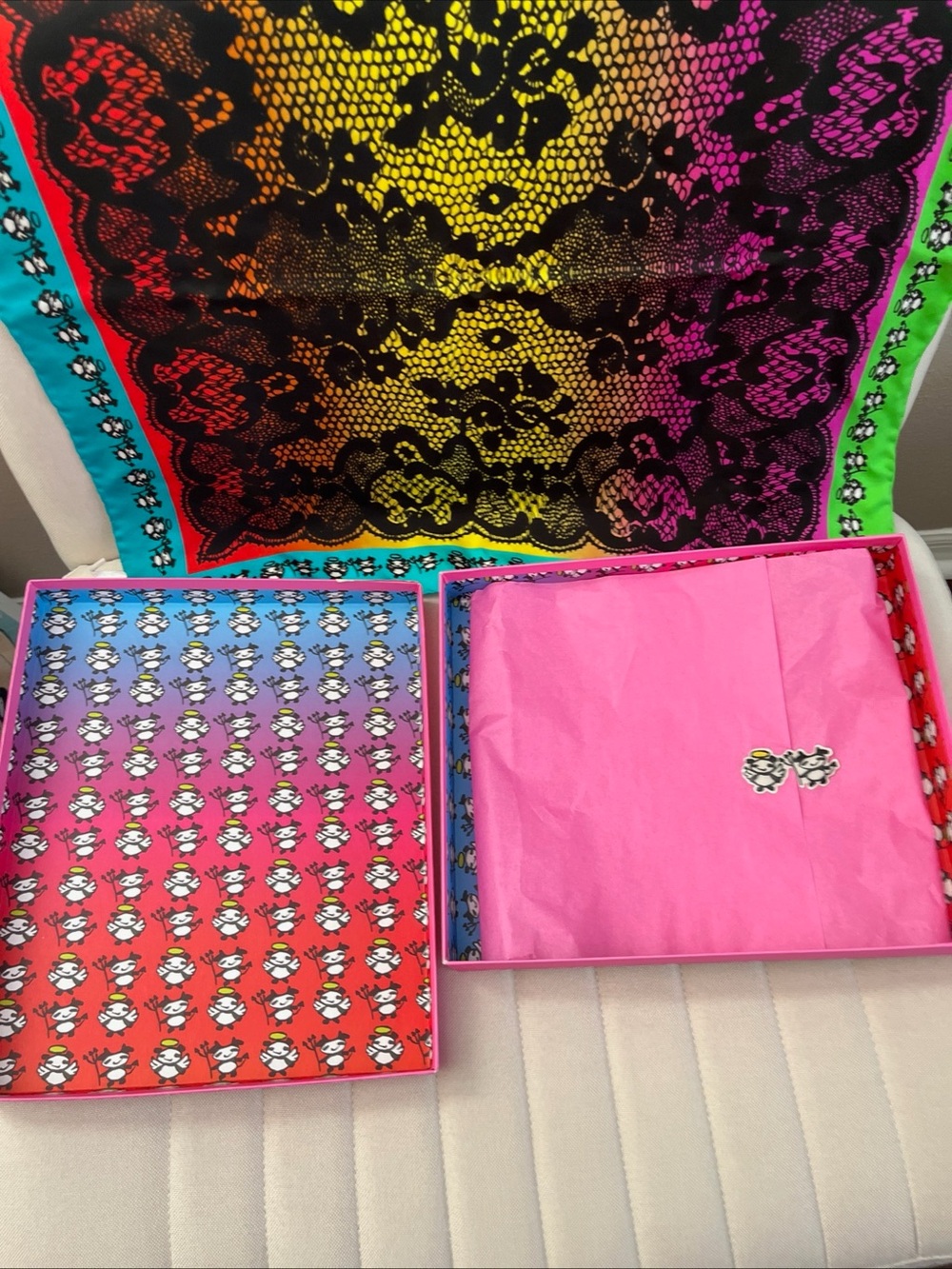 Jimmy choo angel & devil panel silk scarf with original packaging rob pruitt